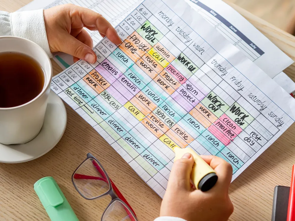 Daily work and walk planner interface showing time blocks for work sessions and walking breaks